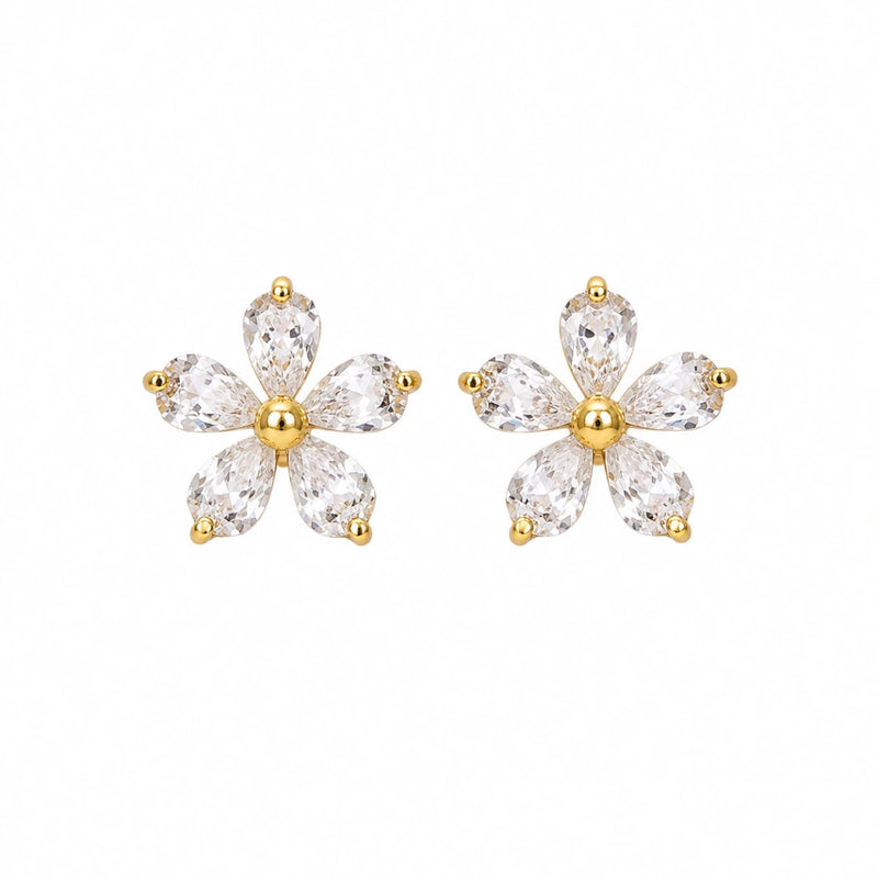 Crystal daisy bloom stud earrings with five clear stones and gold-tone center caps