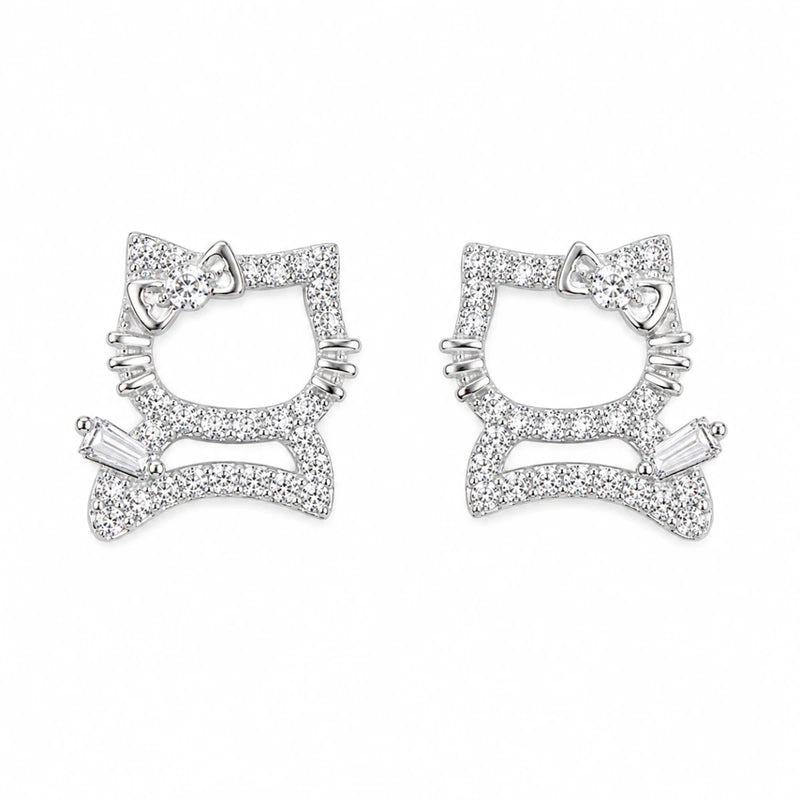 Crystal kitty stud earrings, 925 silver with clear crystal bow-and-cat face.