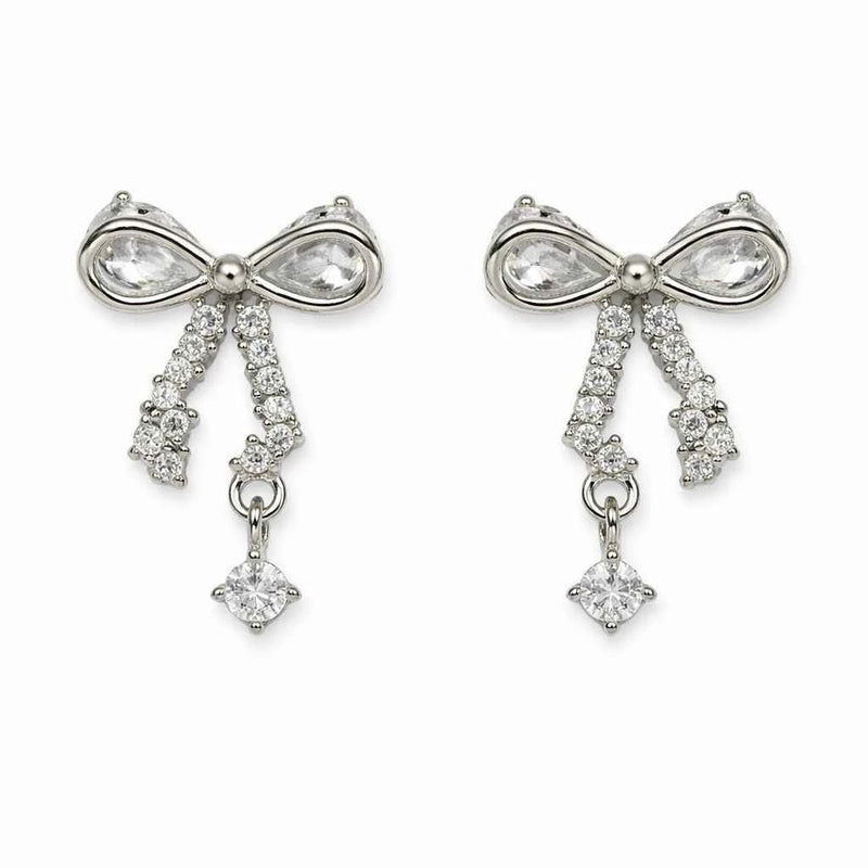Pair of silver bow-knot drop earrings with crystal pavé and dangling round drops