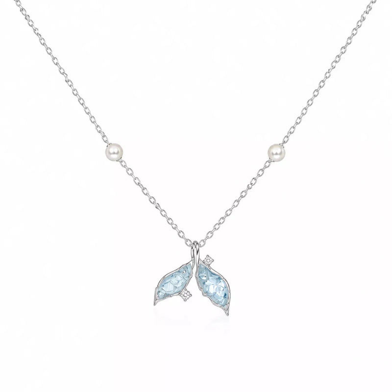Silver necklace with blue crystal leaf charm and pearl bead details