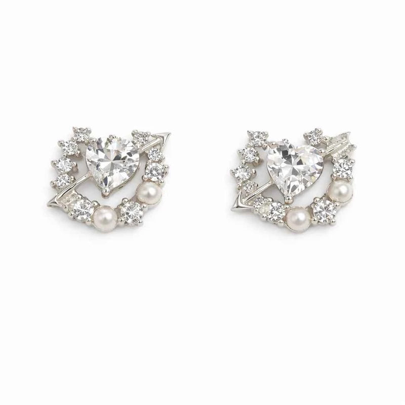 Silver heart-and-arrow stud earrings with crystal stones and pearl detail