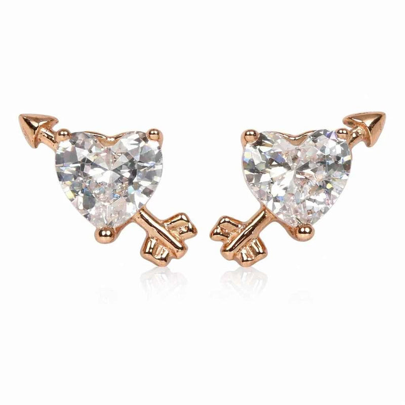 Rose gold heart crystal stud earrings with key charm details