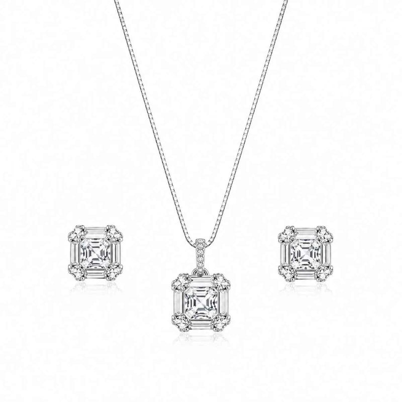 Silver necklace pendant with square cut crystal and matching square crystal stud earrings
