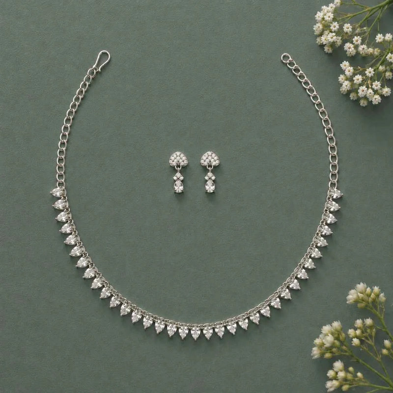 925 silver necklace with teardrop crystal fringe and matching drop earrings