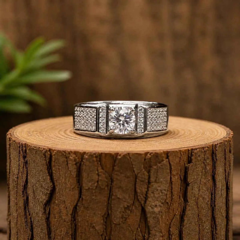 Sterling silver diamond ring with round center stone and pavé side bands