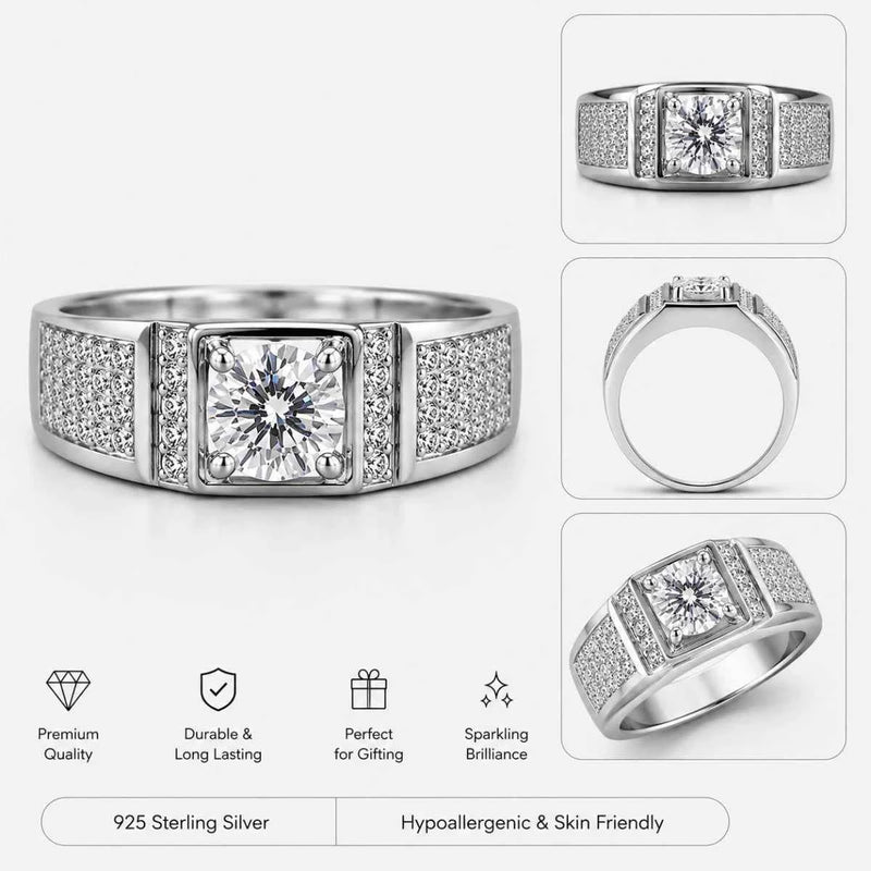 Sterling silver diamond ring product views: round center stone with pavé square accents