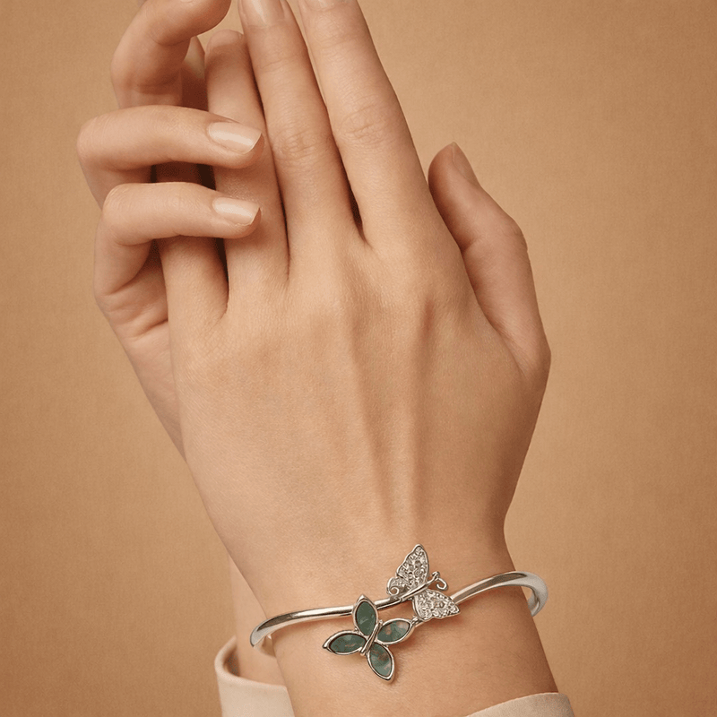 925 silver open cuff bracelet with dual butterfly charms and green accents