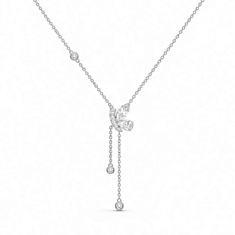 Silver butterfly pendant necklace with dangling crystal teardrop charms