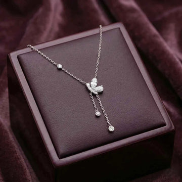 Elegant Butterfly Drop    Pendant Necklace with Dangling Crystals