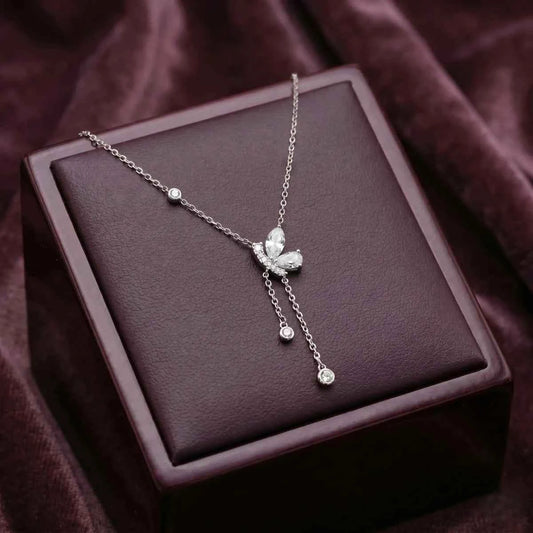 Elegant Butterfly Drop    Pendant Necklace with Dangling Crystals - 925 Silver Jewelery