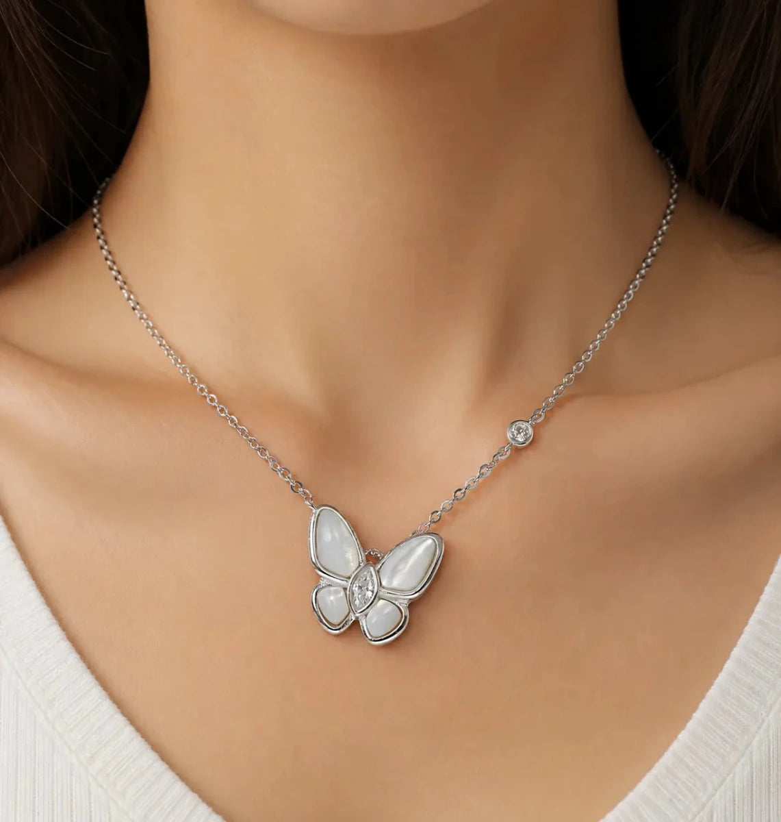 Elegant Butterfly Mother - of - Pearl Pendant Necklace - Silvorn India