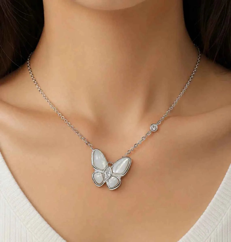 925 silver butterfly pendant necklace with iridescent mother-of-pearl center and stones