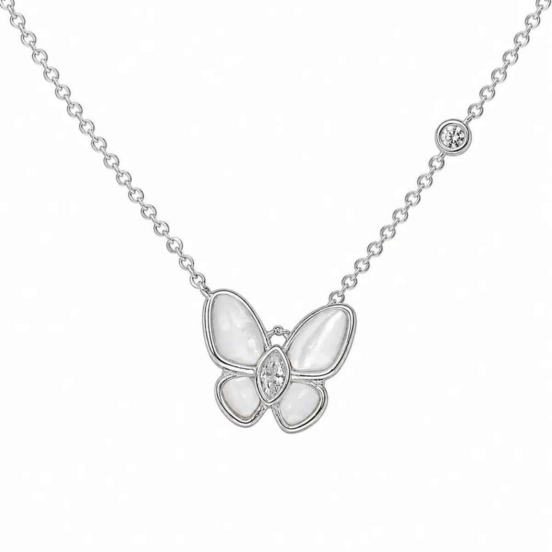 Silver butterfly pendant necklace with circular mother-of-pearl accents and link chain