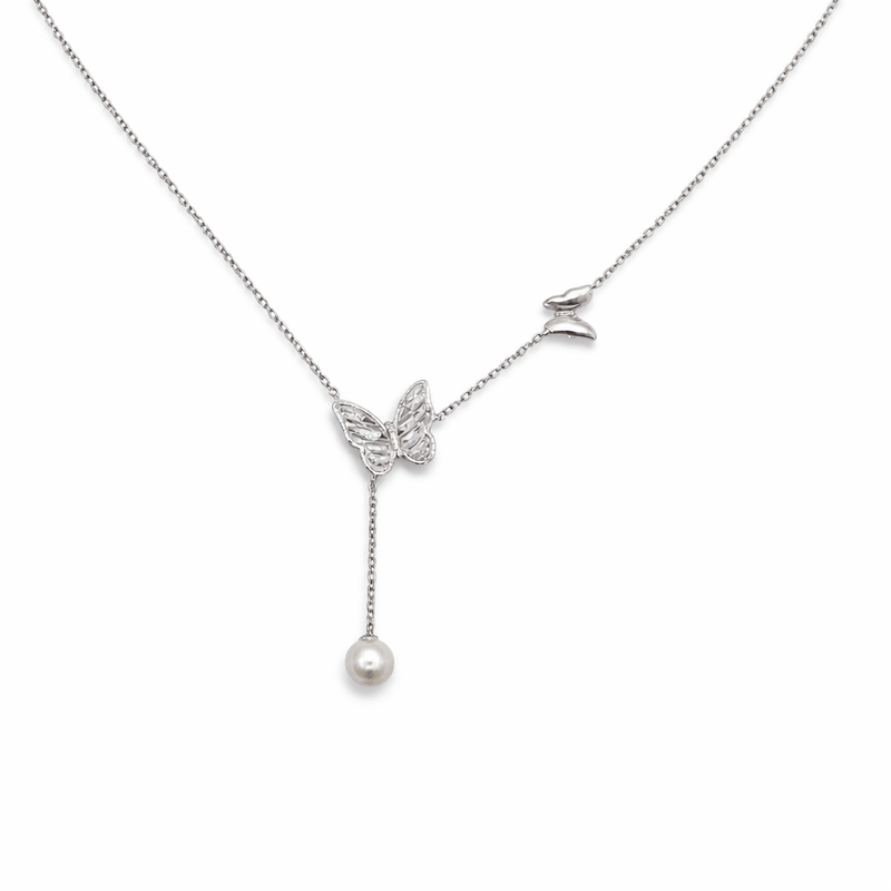 Silver butterfly pendant necklace with pearl drop and small wing charms.