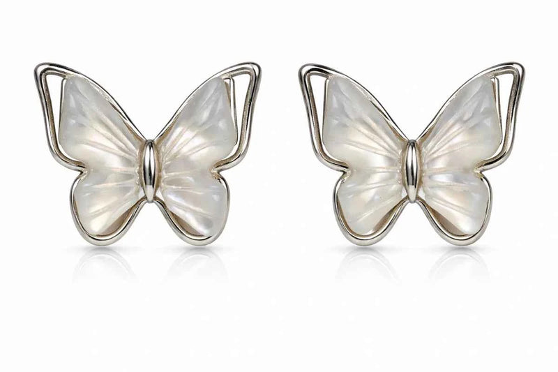 Butterfly stud earrings, 925 silver with pearl finish, small white center detail