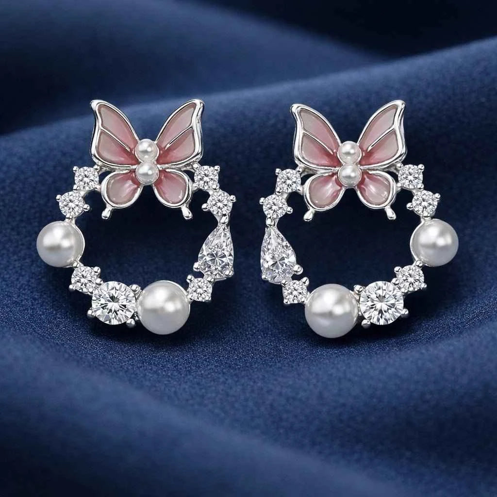 Elegant Butterfly Pearl & Zircon Hoop Earrings in    Finish