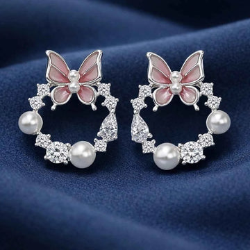 Elegant Butterfly Pearl & Zircon Hoop Earrings in    Finish