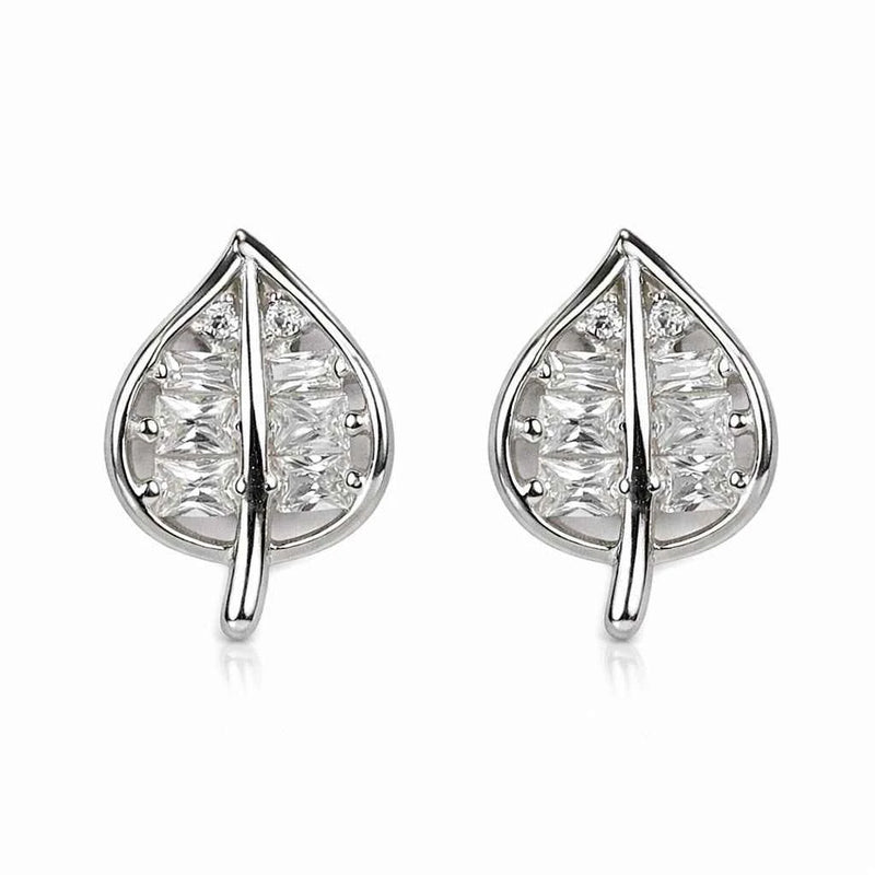 Crystal teardrop leaf drop stud earrings in 925 silver with clustered stones
