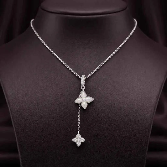 Elegant    Dual Floral Drop Pendant Necklace - 925 Silver Jewelery