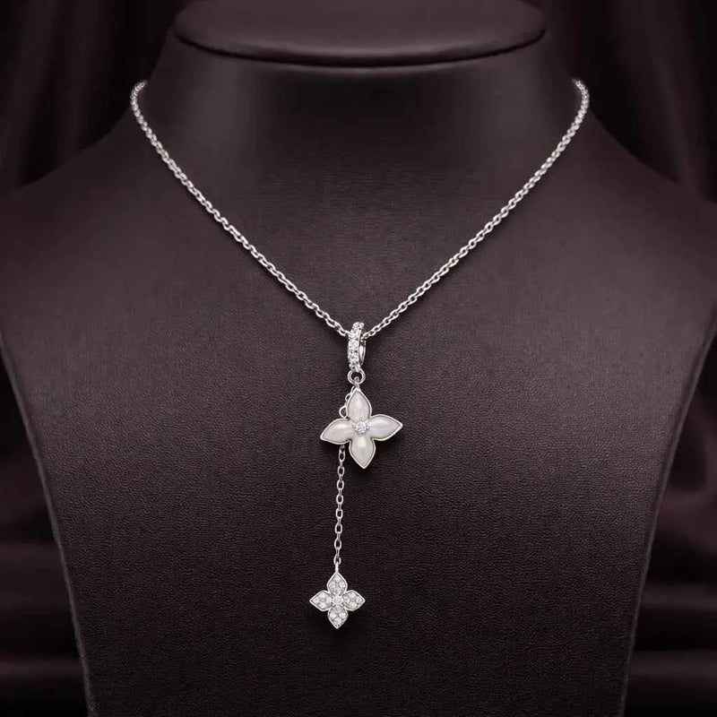 925 silver floral drop pendant necklace with two hanging flower charms