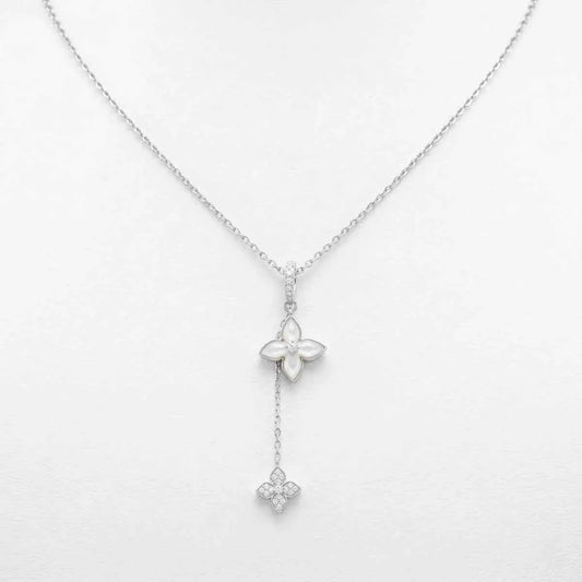 Elegant    Dual Floral Drop Pendant Necklace - 925 Silver Jewelery