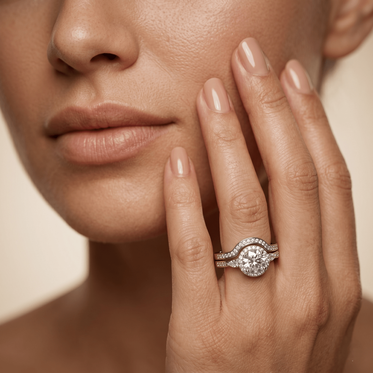 Elegant Dual Ring Set – Sterling Silver Halo Ring with Curved Enhancer Band - 925 Silver Jewelery