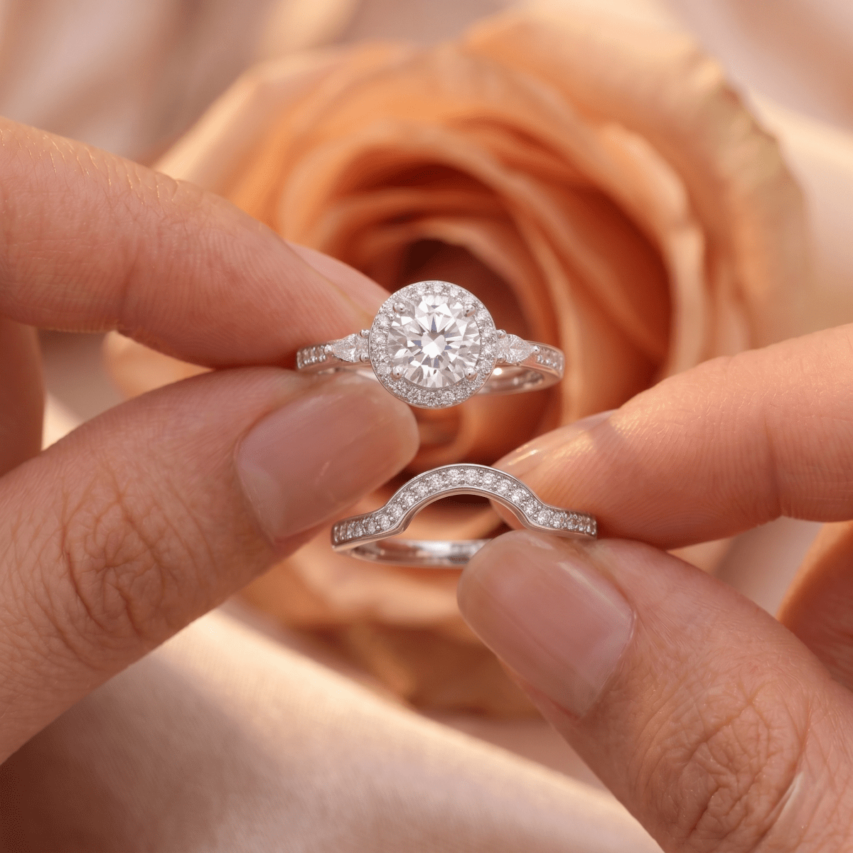 Elegant Dual Ring Set – Sterling Silver Halo Ring with Curved Enhancer Band - 925 Silver Jewelery
