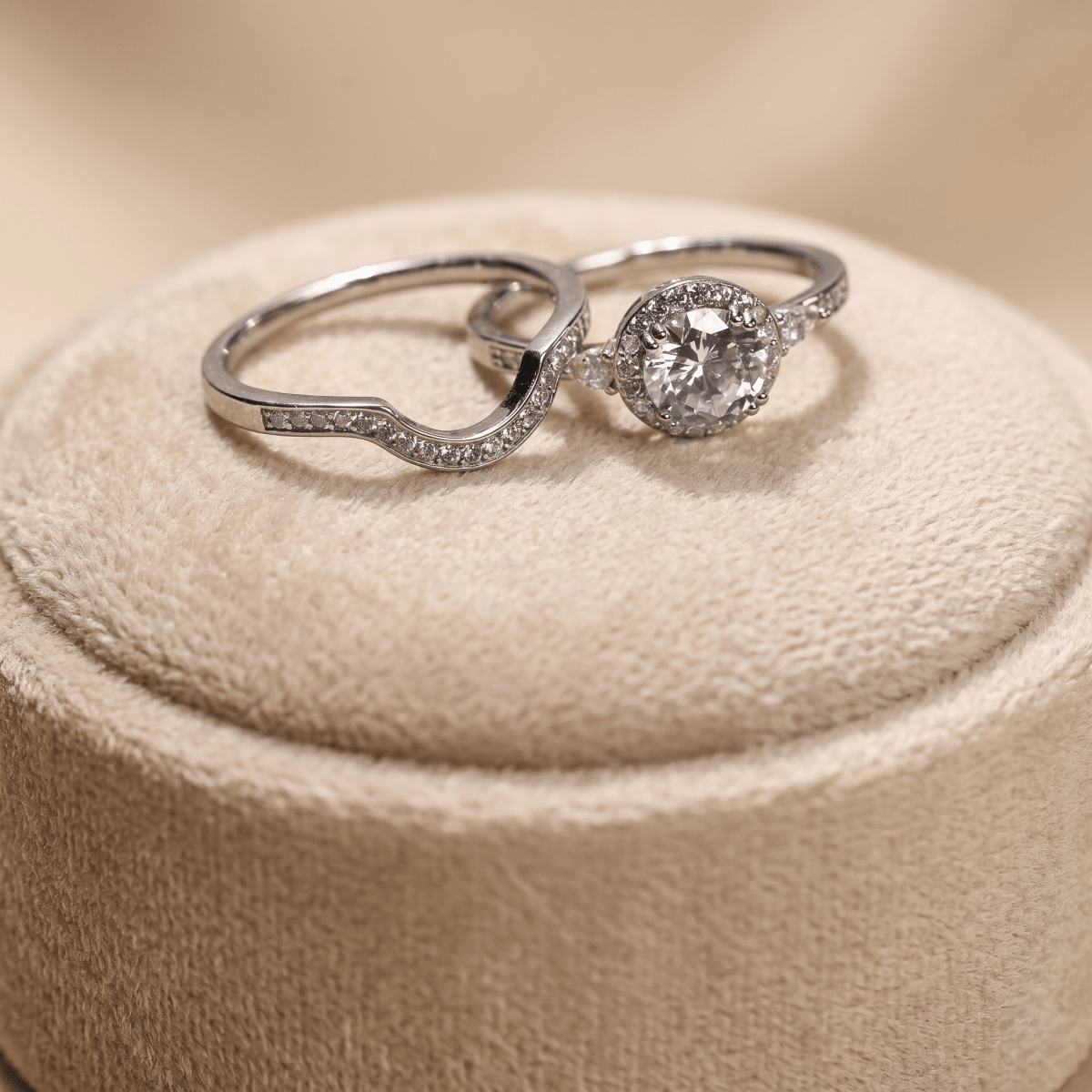 Elegant Dual Ring Set – Sterling Silver Halo Ring with Curved Enhancer Band - 925 Silver Jewelery