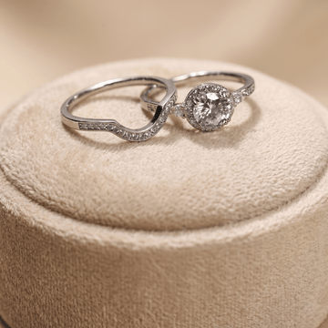 Elegant Dual Ring Set – Sterling Silver Halo Ring with Curved Enhancer Band - Silvorn India