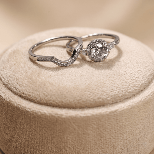 Elegant Dual Ring Set – Sterling Silver Halo Ring with Curved Enhancer Band - 925 Silver Jewelery