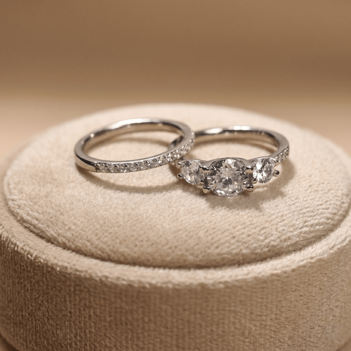 Elegant Dual Ring Set with Round-Cut Center Stone & Pave Band in White Metal - 925 Silver Jewelery
