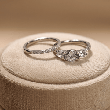 Elegant Dual Ring Set with Round - Cut Center Stone & Pave Band in White Metal - Silvorn India