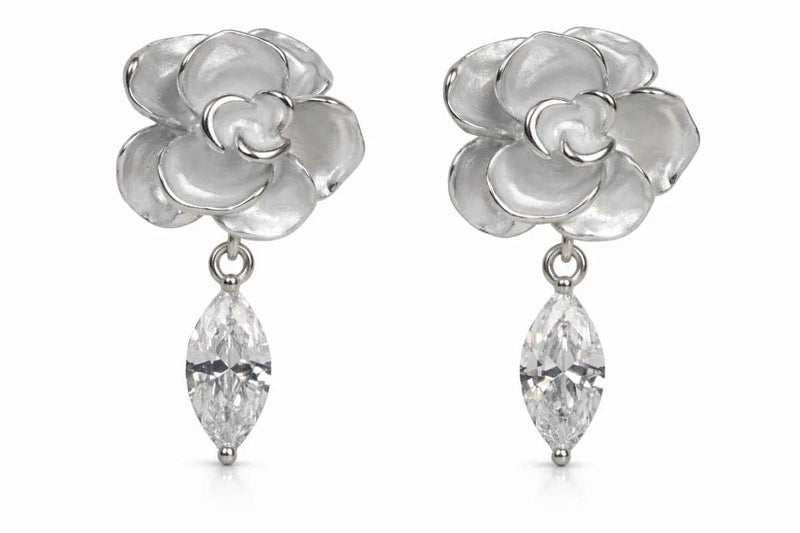 Silver floral drop earrings with marquise crystal teardrop dangles
