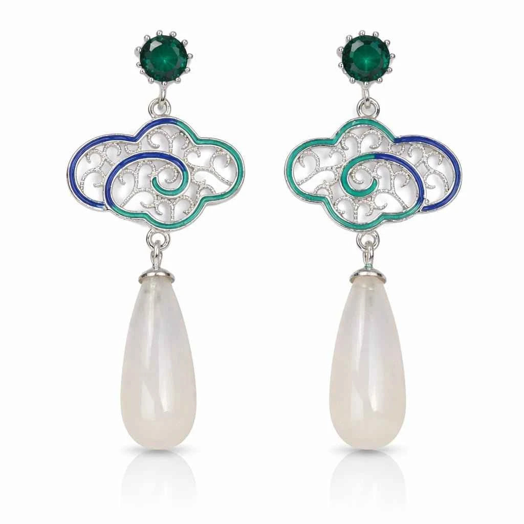 Elegant Green Crystal & Mother-of-Pearl Drop Earrings in Sterling