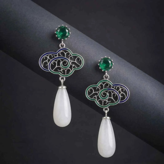 Elegant Green Crystal & Mother-of-Pearl Drop Earrings in Sterling - 925 Silver Jewelery