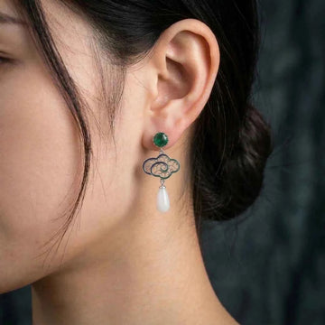Elegant Green Crystal & Mother-of-Pearl Drop Earrings in Sterling