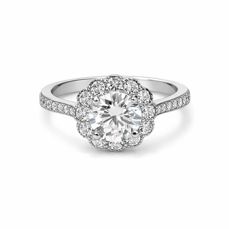Silver-tone halo ring with round center stone and pavé band, front view