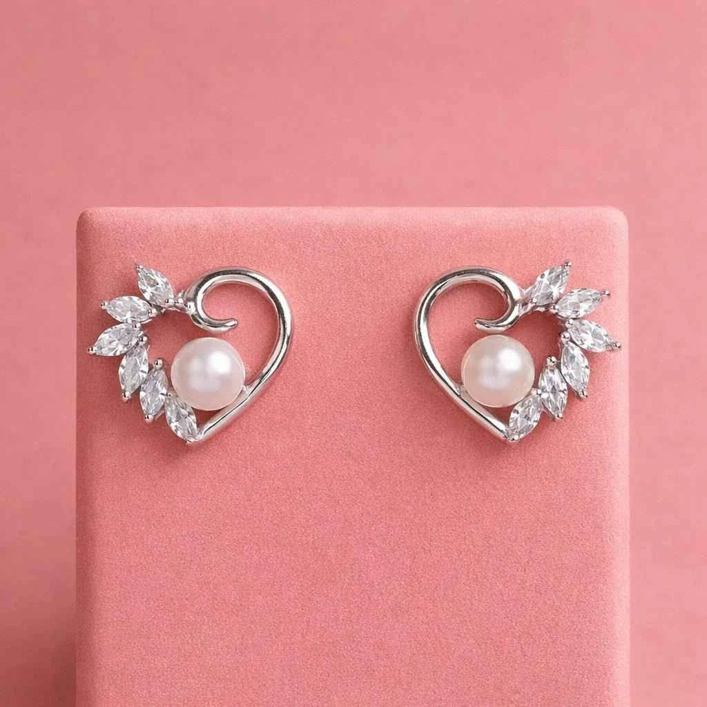 Elegant Heart Swirl Pearl & Marquise CZ Stud Earrings