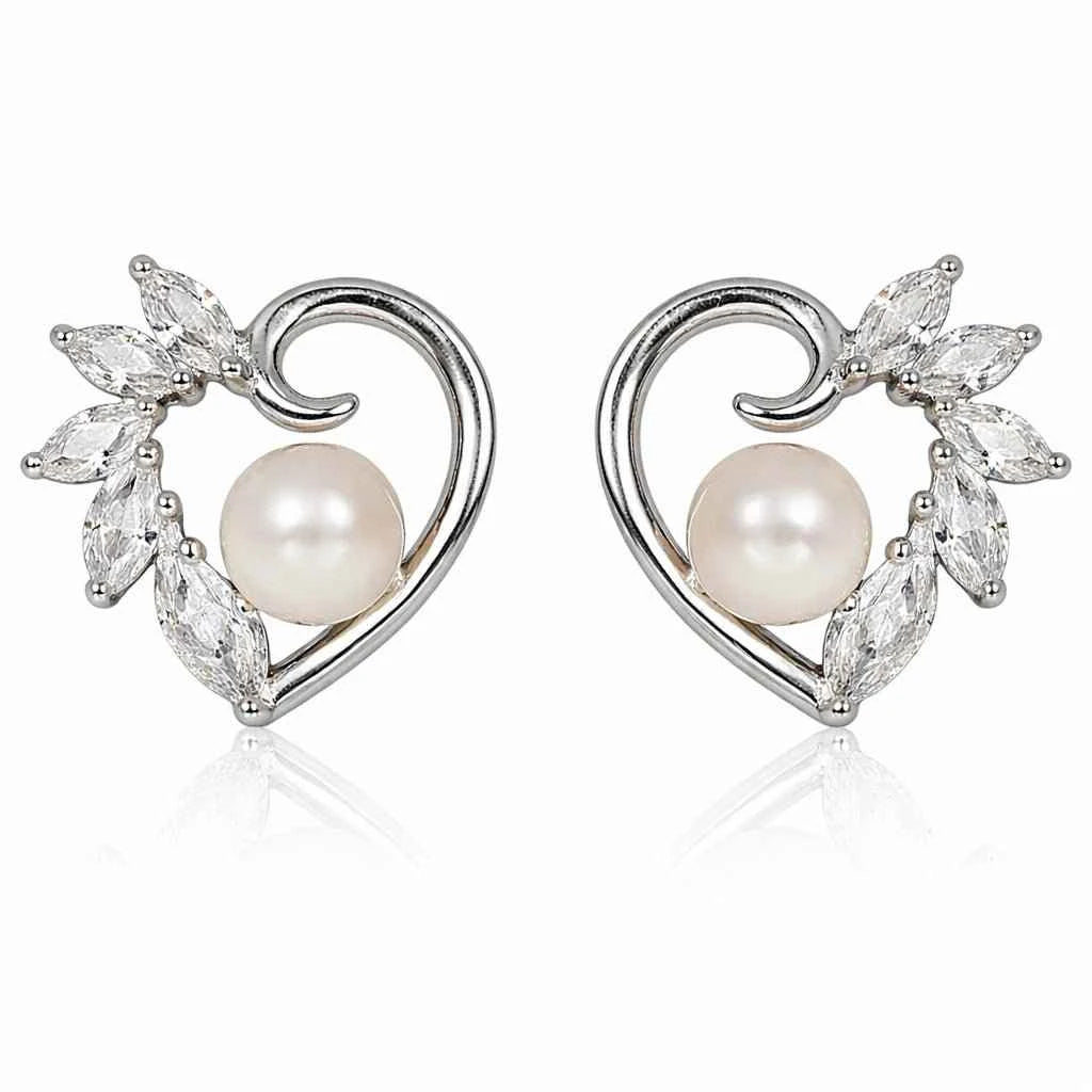 Elegant Heart Swirl Pearl & Marquise CZ Stud Earrings