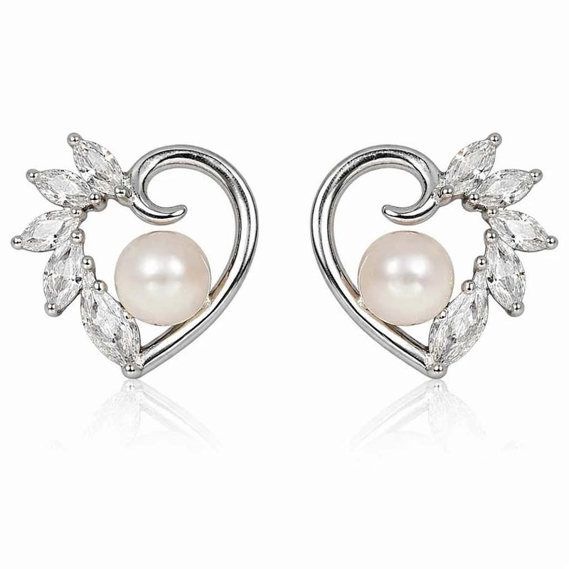 Heart stud earrings with round pearl center and marquise cz leaf cluster, silver