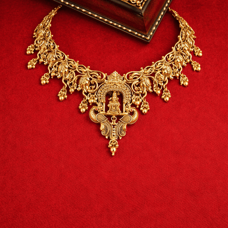 Gold-plated 925 silver temple necklace with arched Lakshmi pendant and dangling bead tassels
