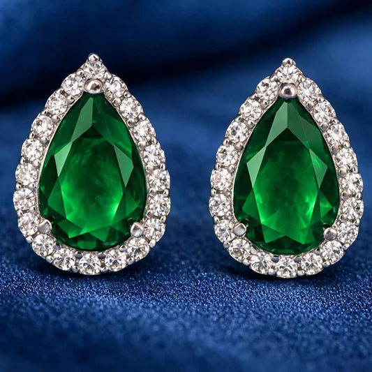 Elegant Pear-Cut Green Stone Halo Stud Earrings - 925 Silver Jewelery