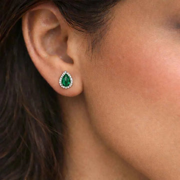Elegant Pear-Cut Green Stone Halo Stud Earrings