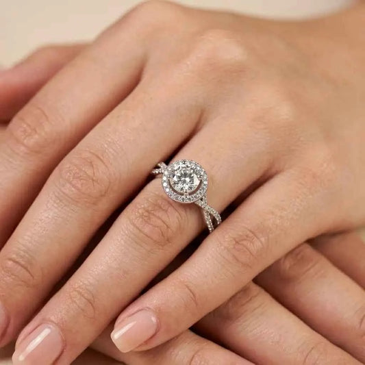 Elegant Round Halo Infinity Twist Diamond Engagement Ring