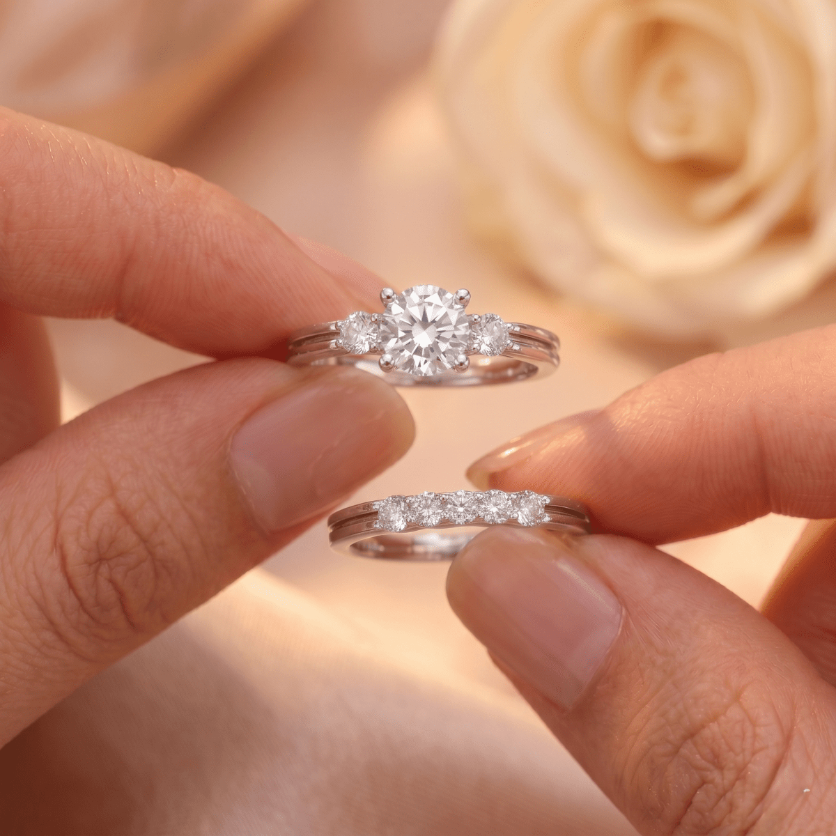 Elegant Round Solitaire Sterling Silver Ring Set with Accent Stone Band - Silvorn India