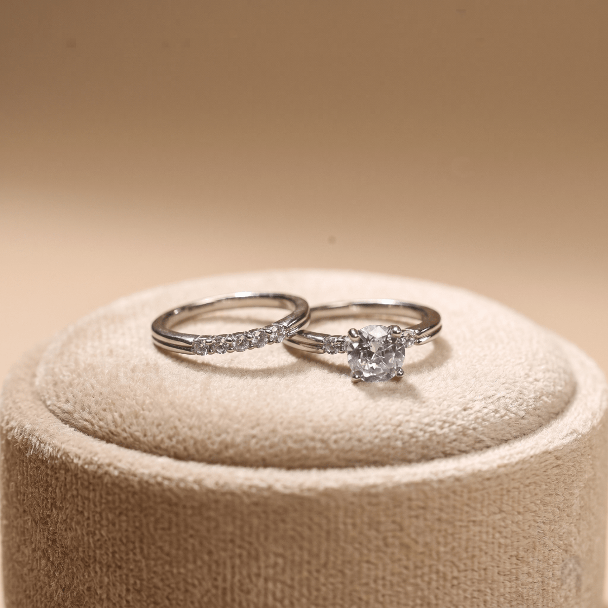 Elegant Round Solitaire Sterling Silver Ring Set with Accent Stone Band - Silvorn India