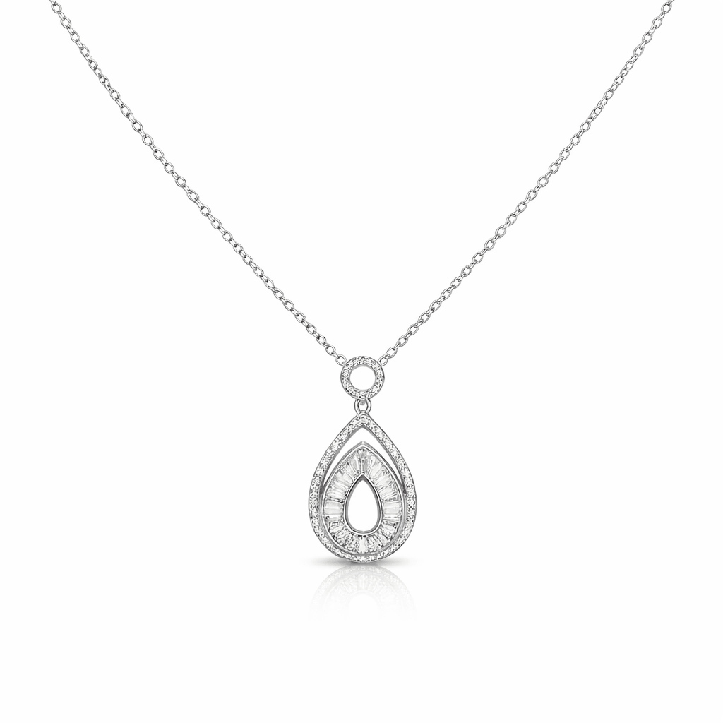 Elegant Teardrop Halo Diamond Pendant Necklace in White Finish - Silvorn India