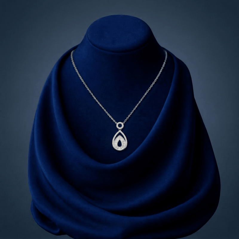 Teardrop halo diamond pendant necklace in 925 silver, thin chain with teardrop charm