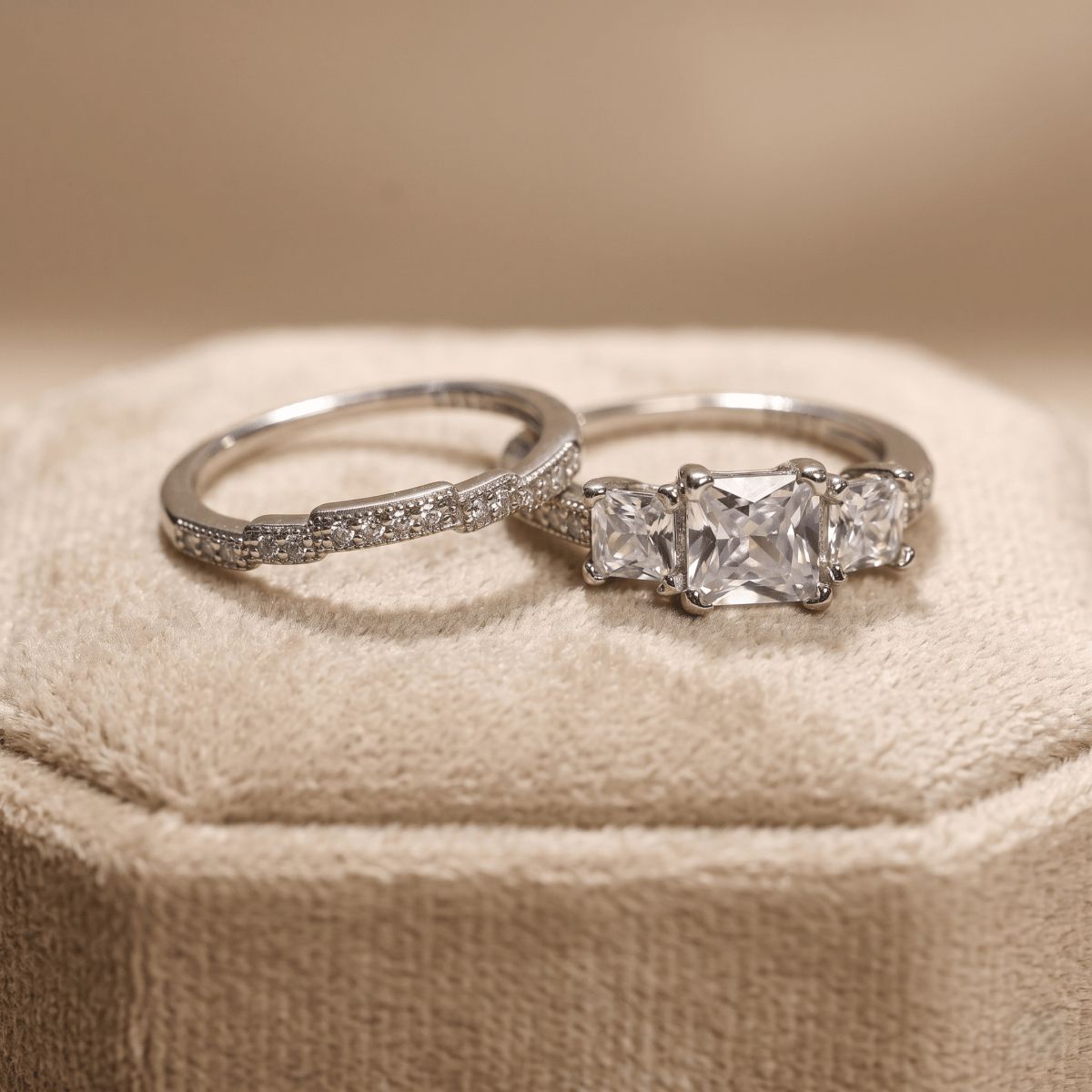 Elegant Three - Stone Princess Cut Zirconia Sterling Silver Ring Set - Silvorn India