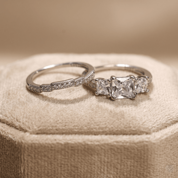 Elegant Three - Stone Princess Cut Zirconia Sterling Silver Ring Set - Silvorn India